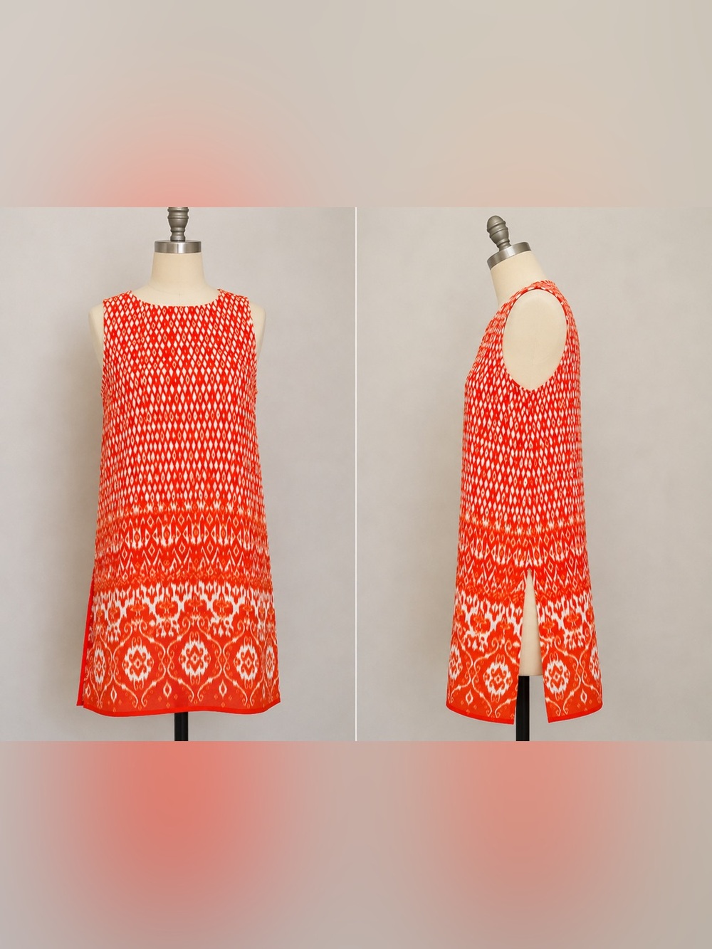 Vince Camuto Red-Orange and White Sleeveless Printed Shift Dress